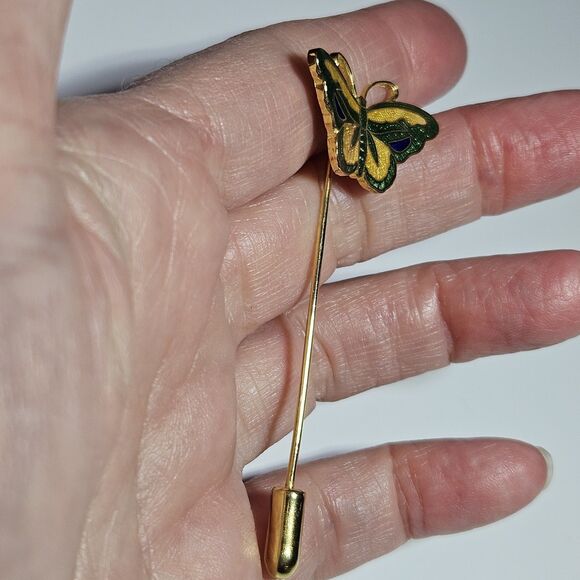 Gold Tone Yellow Green Cloisonne Butterfly Stick Lapel Hat Pin - Picture 5 of 11